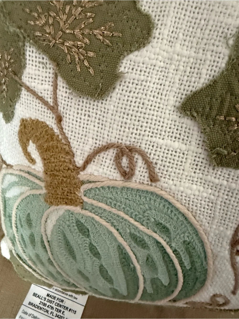 Embroidered Pumpkin Accent Pillow - Green, Blue & Cream